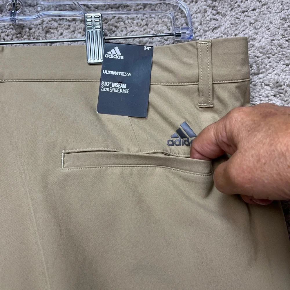 Adidas Ultimate365 Golf Shorts Men 34 Tan Stretch Waistband Primegreen 3 Stripes